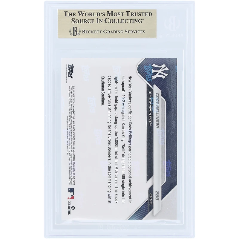 Carte Topps Now Slugger Records 2025 de Cody Bellinger (Yankees de New York) : 1 000e coup sûr en carrière lors d'une victoire à l'extérieur (n° 286), authentifiée par BGS (note 10) – Sous-notes : 9,5, 10, 10