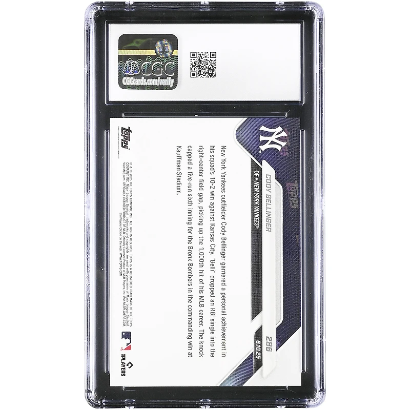 Carte Topps Now Slugger 2025 de Cody Bellinger, Yankees de New York : 1 000e coup sûr en carrière lors d'une victoire à l'extérieur (n° 286), authentifiée par CGC.