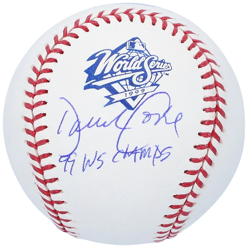 Balle de baseball autographiée par David Cone, des Yankees de New York, avec le logo des Séries mondiales de 1999 et l'inscription « Champions des Séries mondiales 99 ».