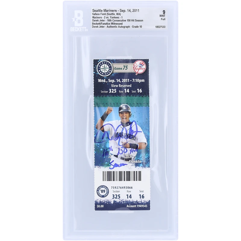 Derek Jeter New York Yankees Autographed 16th Consecutive 150-Hit Season Beckett Fanatics Witnessed Authenticated /10 Ticket from September 14