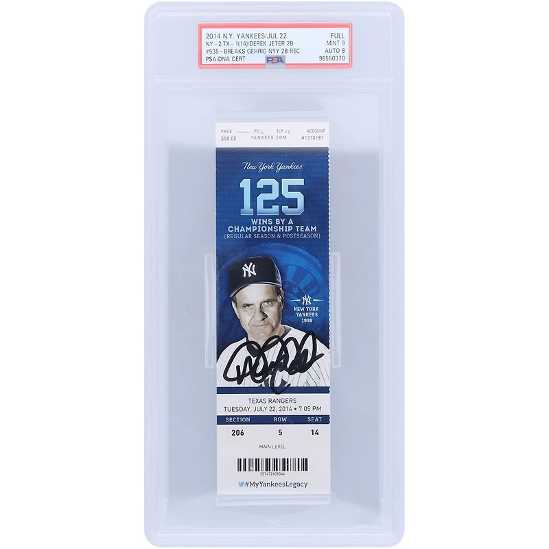 Derek Jeter New York Yankees Autographed 535th Career Double, Passing Lou Gehrig PSA Authenticated 9/8 Ticket from July 22