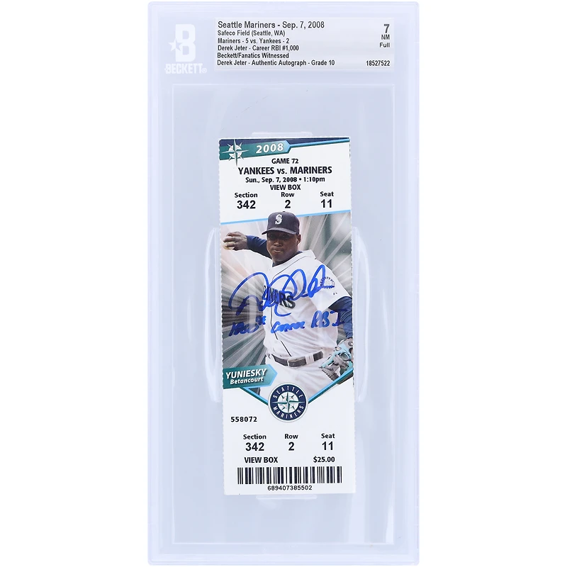 Derek Jeter New York Yankees Autographed Career RBI #1000 Beckett Fanatics Witnessed Authenticated 7/10 Ticket from September 7, 2008 with "1000th Career RBI" Inscription