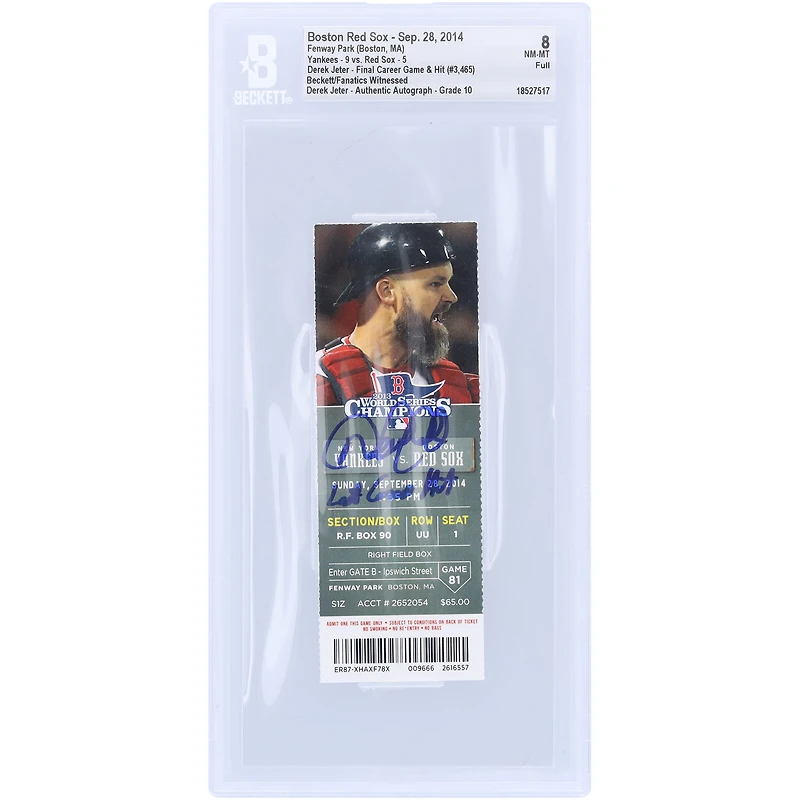 Derek Jeter New York Yankees Autographed Final Career Game & Hit Beckett Fanatics Witnessed Authenticated 8/10 Ticket from September 28, 2014 with "Last Career Hit" Inscription