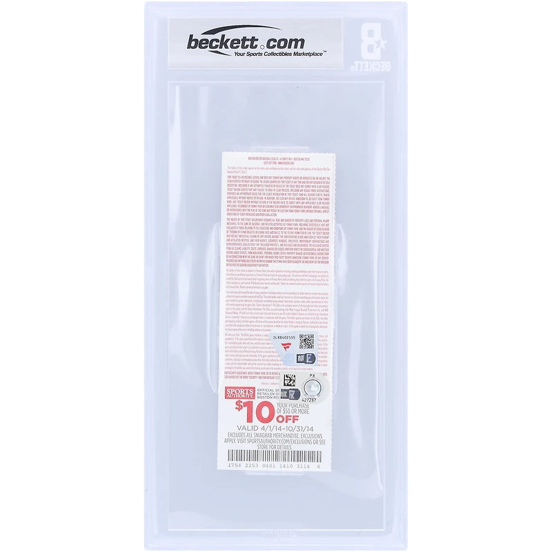 Billet authentifié 8/10 du 28 septembre 2014 avec l'inscription « Last Career Hit » (dernier match en carrière) signé Derek Jeter par les Yankees de New York. Les fans de Beckett ont été témoins de ce billet.