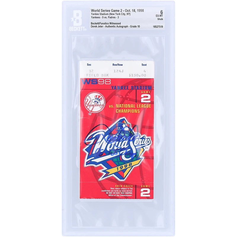 Derek Jeter New York Yankees Autographed Stub Beckett Fanatics Witnessed Authenticated 6/10 Ticket from October 18, 1998 with "98 WS Champs" Inscription