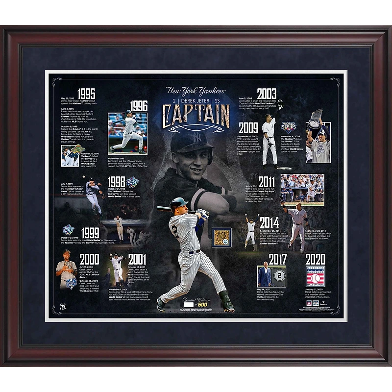 Collage encadré de 20'' x 24'' de la chronologie de carrière de Derek Jeter, New York Yankees, avec une capsule de terre utilisée lors du match - Version 3 - Édition limitée à 500 exemplaires