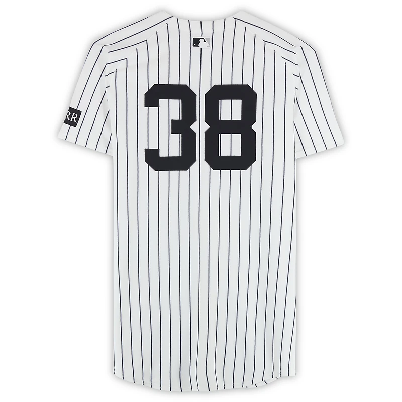 Maillot Nike blanc à rayures fines n° 38 de Devin Williams, porté par les Yankees de New York lors du match contre les Cubs de Chicago, le 13 juillet 2025