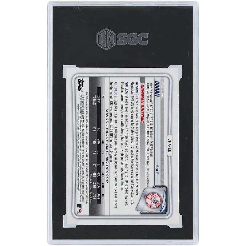 Ezequiel Duran New York Yankees Autographed 2020 Bowman Chrome 1st Bowman Green Shimmer #CPA-ED #31/99 SGC Authenticated 9.5/10 Card
