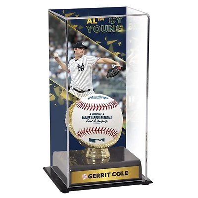 Vitrine de présentation sublimée du trophée Cy Young 2023 de la Ligue américaine des Yankees de New York de Gerrit Cole avec image