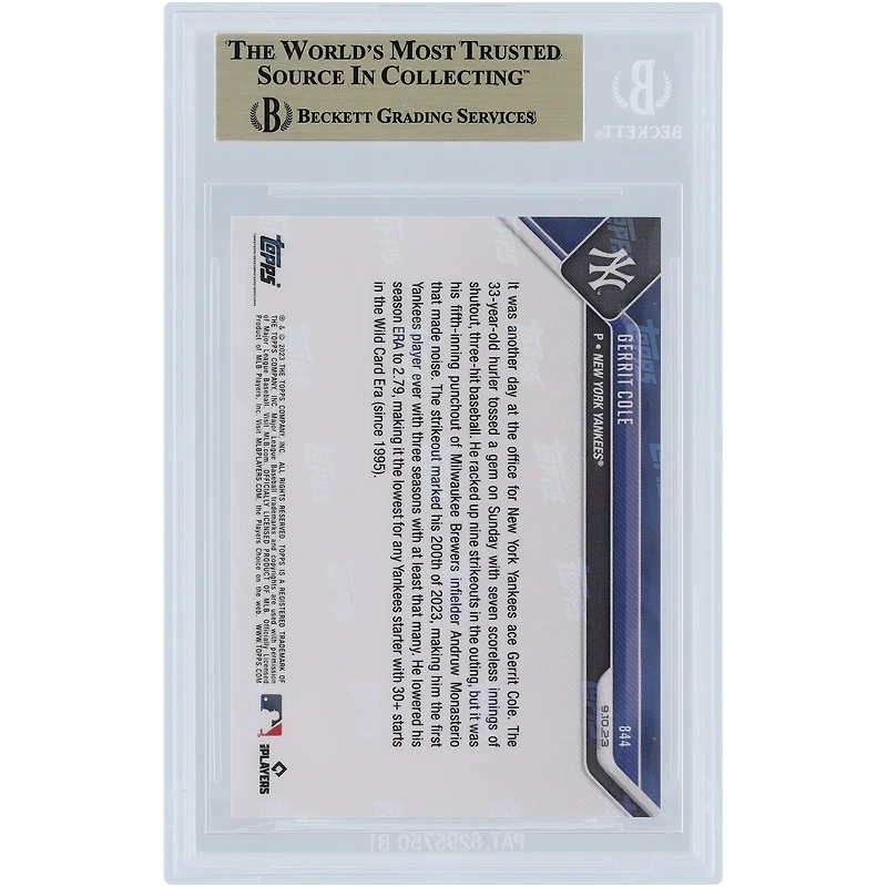 Gerrit Cole New York Yankees 2023 Topps Now 1st Player with 200K in 3 Seasons for the Yankees #844 BGS Authenticated 10 Card - 10,10,10,9.5 Subgrades