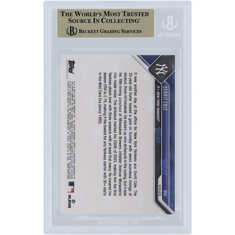 Gerrit Cole New York Yankees 2023 Topps Now 1st Player with 200K in 3 Seasons for the Yankees #844 BGS Authenticated 9.5 Card