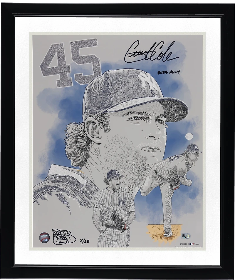 Photo 40 x 50 cm (16 x 20 pouces) autographiée par Gerrit Cole (New York Yankees) avec inscription « Cy Young 2023 AL » - Illustration et signature de Maz Adams - Édition limitée à 23 exemplaires