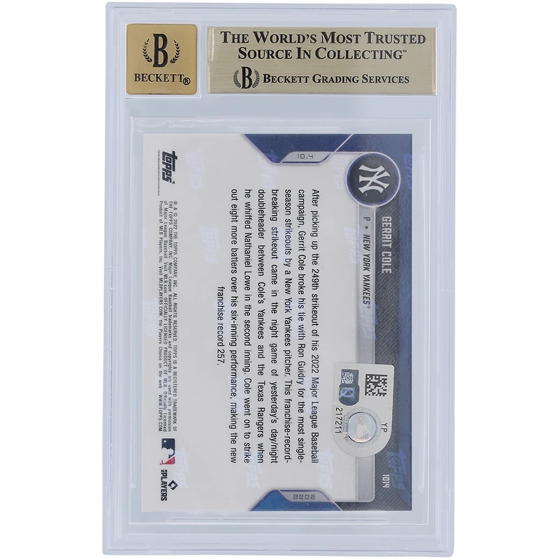 Gerrit Cole New York Yankees Autographed 2022 Topps Now #1014 Beckett Fanatics Witnessed Authenticated 9.5/10 Card with "257 Ks" Inscription