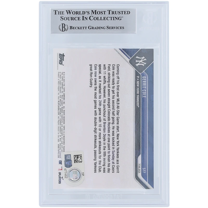 Gerrit Cole New York Yankees Autographed 2023 Topps Now #577 #/23 Beckett Fanatics Witnessed Authenticated Card 