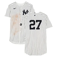Maillot Nike blanc à fines rayures n° 27 porté par Giancarlo Stanton des Yankees de New York contre les Red Sox de Boston le 2 octobre 2025