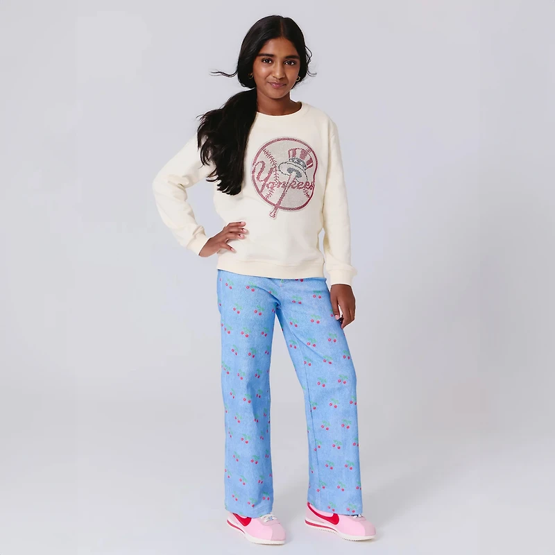 Girls Preschool Terez Cream New York Yankees Gems Logo Fleece Crewneck Sweatshirt