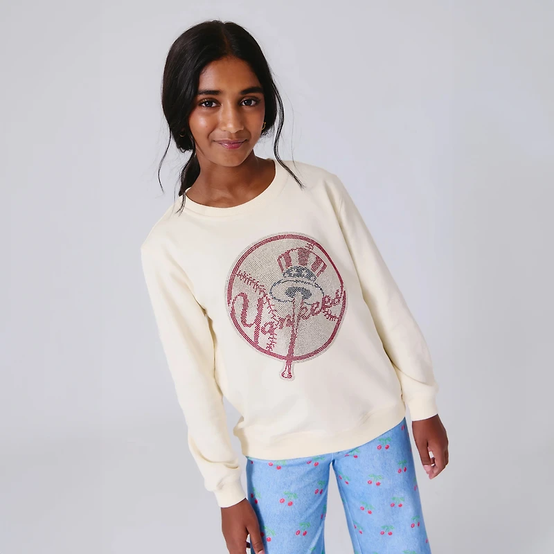 Girls Preschool Terez Cream New York Yankees Gems Logo Fleece Crewneck Sweatshirt