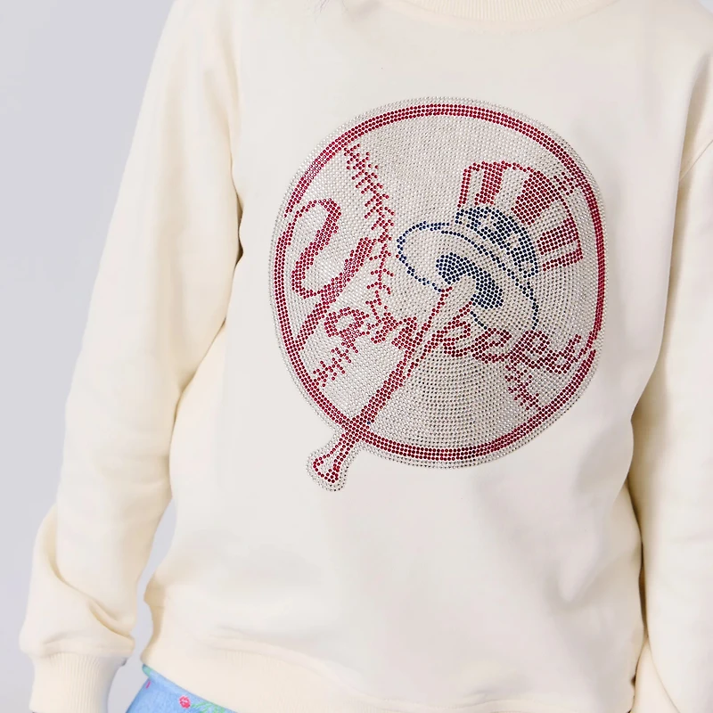 Sweat-shirt à col rond en polaire Terez Cream New York Yankees Gems Logo pour filles d'âge préscolaire
