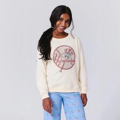 Girls Preschool Terez  Cream New York Yankees Gems Logo Fleece Crewneck Sweatshirt