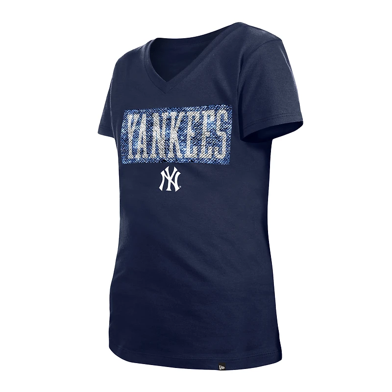 Girls Youth New Era Navy York Yankees Flip Sequin Team V-Neck T-Shirt
