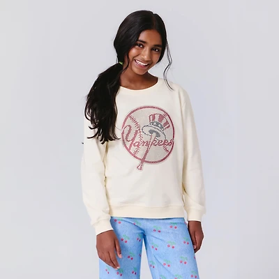 Sweat-shirt polaire à col rond Terez crème pour filles, logo New York Yankees Gems