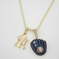 GLD New York Yankees 18K Micro Pendant & Iced Baseball Mitt on 18" Rope Chain