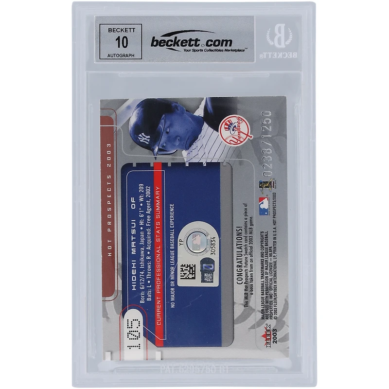 Hideki Matsui New York Yankees Autographié 2003 Fleer Hot Prospects #105 #/1250 Beckett Fanatics Witnessed Authenticated 10 Rookie Card avec l'inscription "MLB Debut 3-31-03"