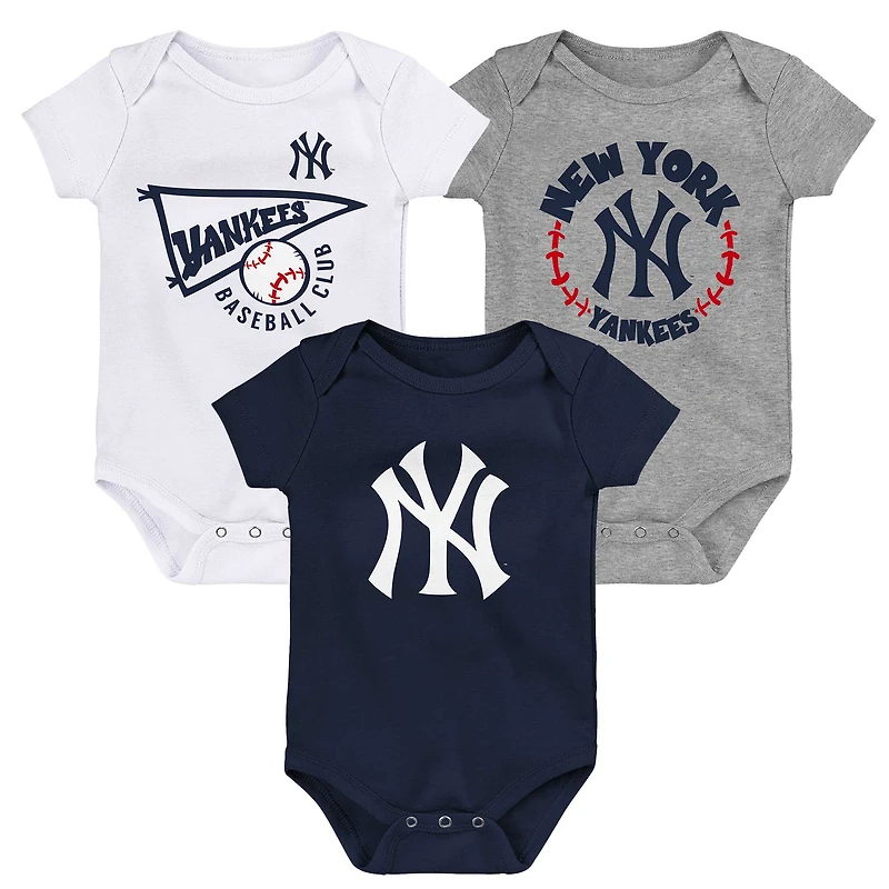 Infantile Bleu Marine/Gris/Blanc Biggest Little Fan des New York Yankees - Lot de 3 Bodys