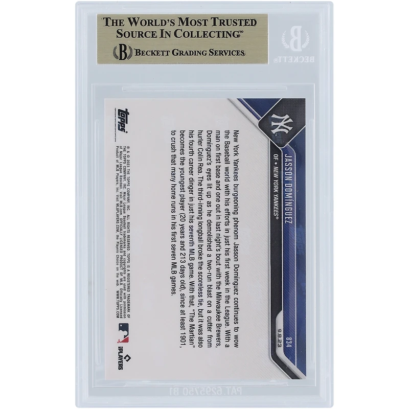 Jasson Domínguez New York Yankees 2023 Topps Now Youngest Since 1901 to Belt 4 HR's in 1st 7 Games #834 BGS Authenticated 10 Rookie Card - 10,10,10,9.5 Subgrades
