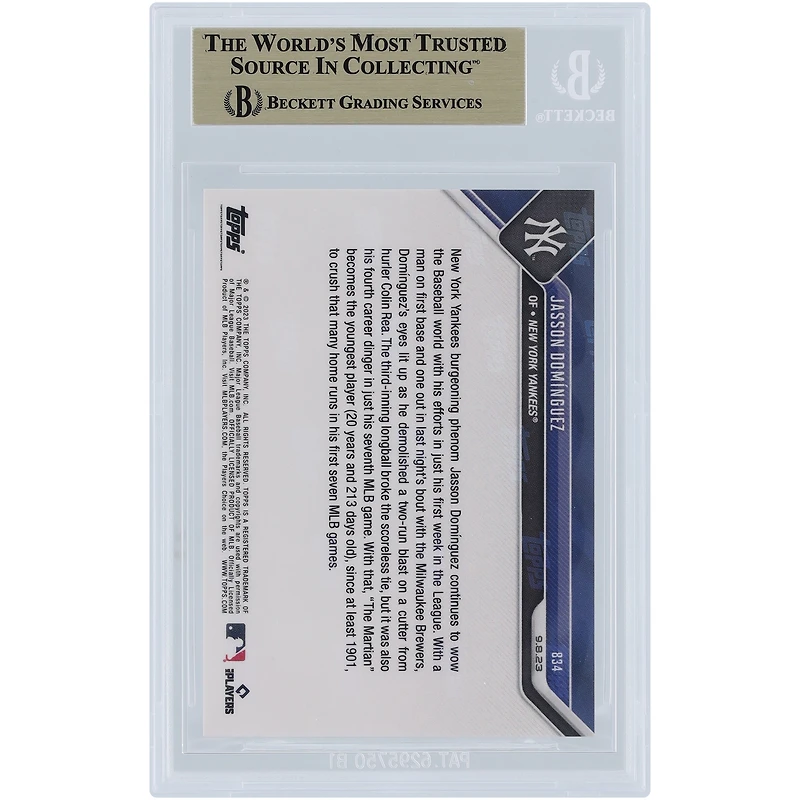 Jasson Domínguez New York Yankees 2023 Topps Now Youngest Since 1901 to Belt 4 HR's in 1st 7 Games #834 BGS Authenticated 10 Rookie Card - 9.5,10,10,10 Subgrades