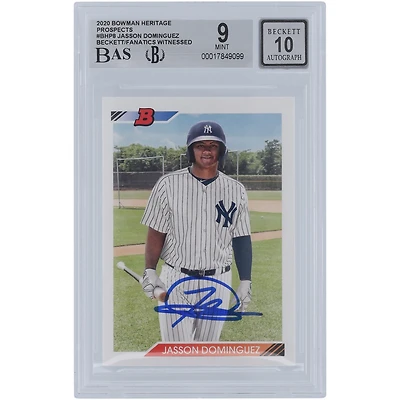 Carte 9/10 authentifiée signée par Jasson Domínguez des Yankees de New York, Bowman Prospects Heritage #BHP-8 2020, dont les fanatiques de Beckett ont été témoins