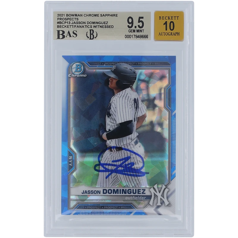 Carte Bowman Chrome Sapphire 2021 autographiée par Jasson Domínguez des Yankees de New York #BCP-13 Beckett Fanatics Witnessed Authenticated 9.5/10