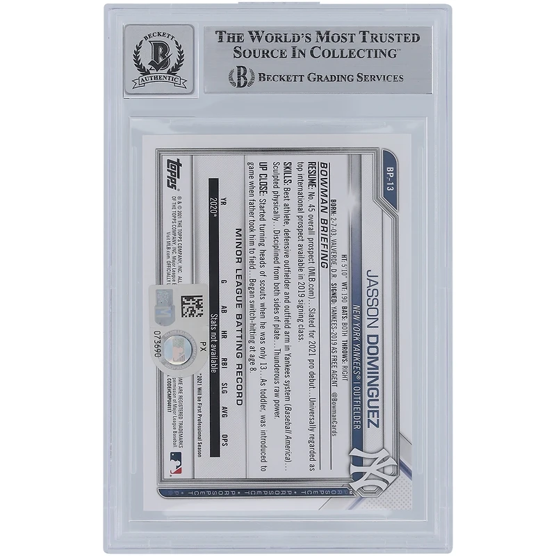 Jasson Domínguez New York Yankees Autographed 2021 Bowman Prospects Camo #BP-13 Beckett Fanatics Witnessed Authenticated 9/10 Card