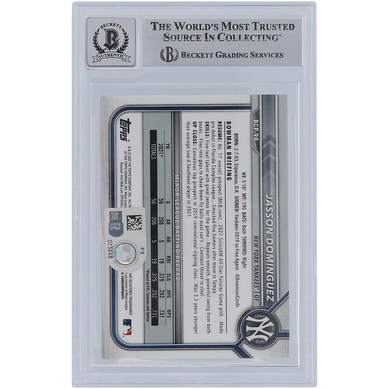 Jasson Domínguez New York Yankees Autographié 2022 Bowman Chrome Mega Box #BCP-98 Beckett Fanatics Witnessed Authenticated /10 Card