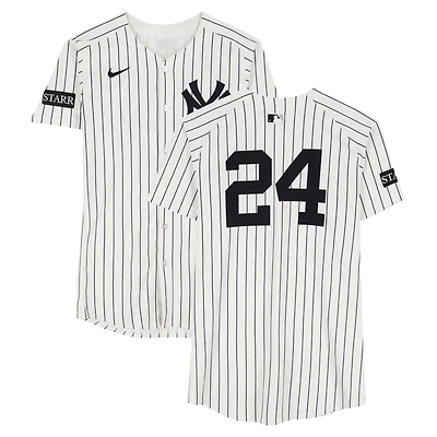 Maillot Nike blanc à rayures fines n° 24 porté par Jasson Domínguez des Yankees de New York contre les Tigers de Détroit le 11 septembre 2025
