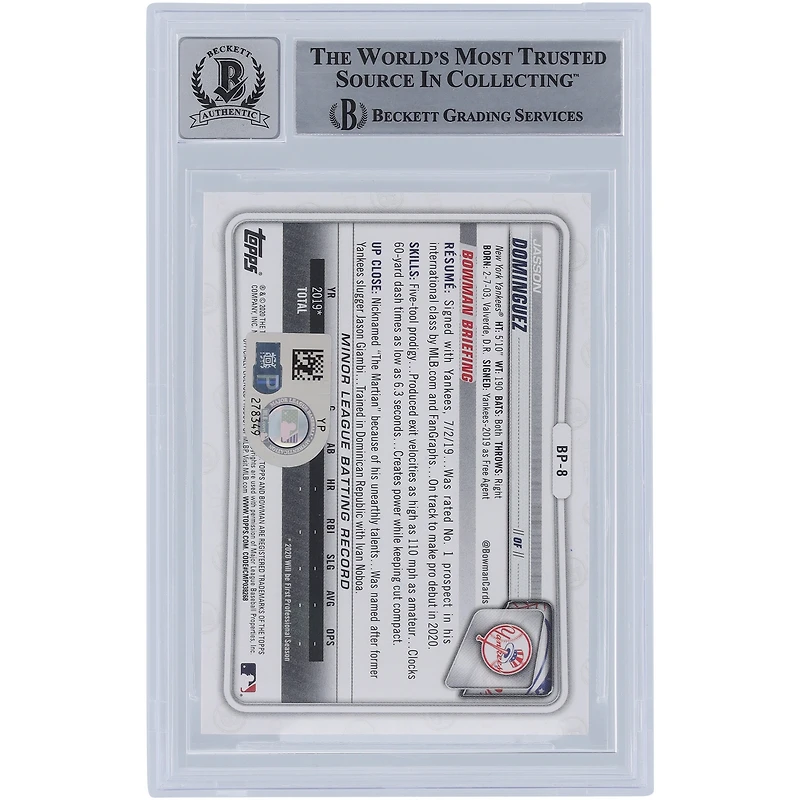 Carte de recrue 10 authentifiée signée par les fanatiques de Beckett de la série 1 Bowman 2020 #BP-8 de Jasson Dominguez des Yankees de New York