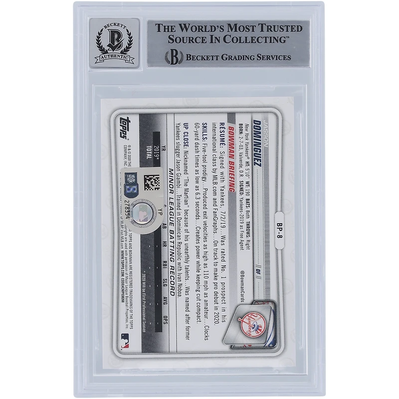 Carte de recrue 9/10 authentifiée signée par les fanatiques de Beckett de la série 1 #BP-8 de 2020 de Bowman des Yankees de New York par Jasson Dominguez