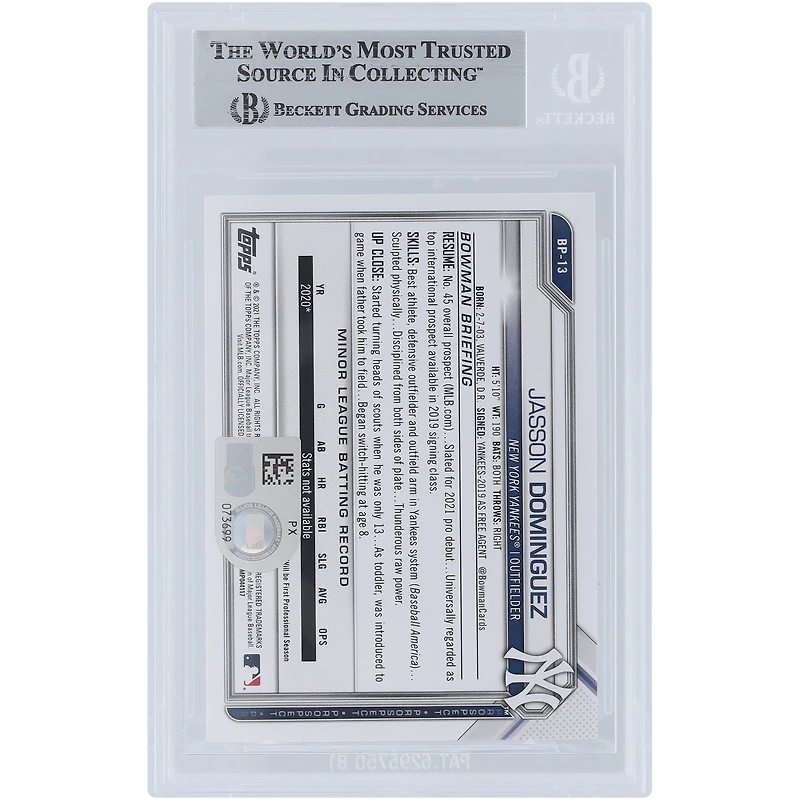 Carte autographiée par Jasson Dominguez des Yankees de New York, prospect Bowman 2021, camouflage n° BP-13 Beckett, fanatiques témoins, authentifiée