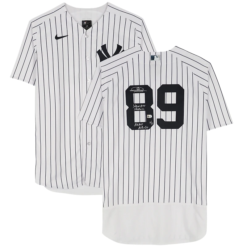 Maillot authentique Nike blanc autographié par Jasson Dominguez des Yankees de New York, avec inscription « Premier match au Yankee Stadium le 5 septembre 2023 » - Édition limitée à 23 exemplaires