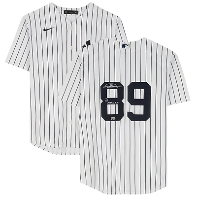 Maillot réplique blanc Nike autographié par Jasson Dominguez des Yankees de New York avec inscription « Le Martien »