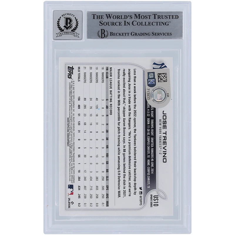 Jose Trevino New York Yankees Autographié 2022 Topps Update #US10 Beckett Fanatics Witnessed Authenticated 9/10 Card