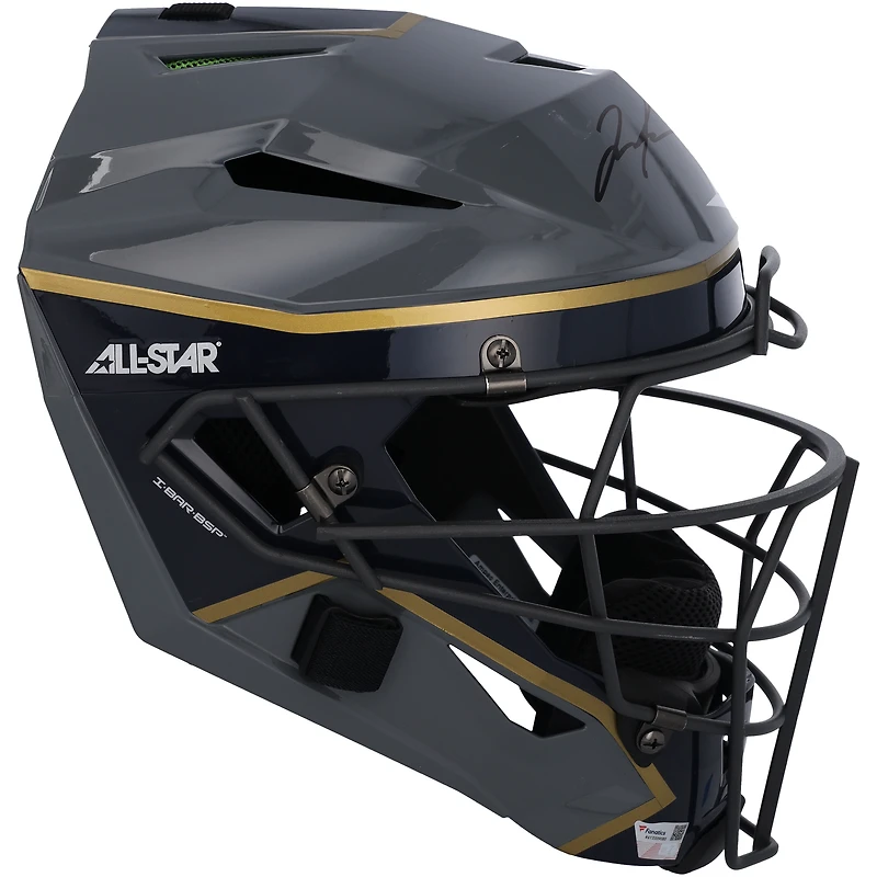 Casque de receveur gris et bleu marine autographié par Jose Trevino des Yankees de New York lors de la saison 2023 de la MLB