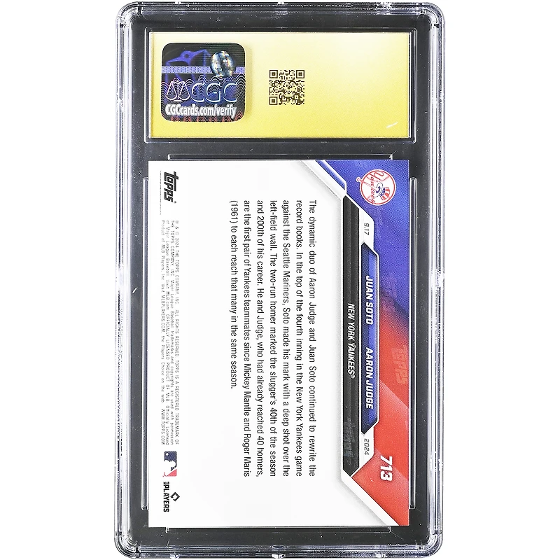 Juan Soto et Aaron Judge, le duo de frappeurs dynamiques des Yankees de New York, carte Topps Now 2024, rejoignent la royauté des Yankees. Carte n° 713 authentifiée CGC, état PRISTINE 10.