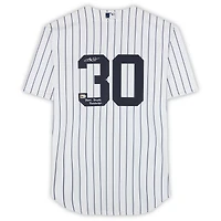Maillot réplique blanc Nike autographié par Luke Weaver des Yankees de New York, avec l'inscription « Fierté. Puissance. Rayures. »