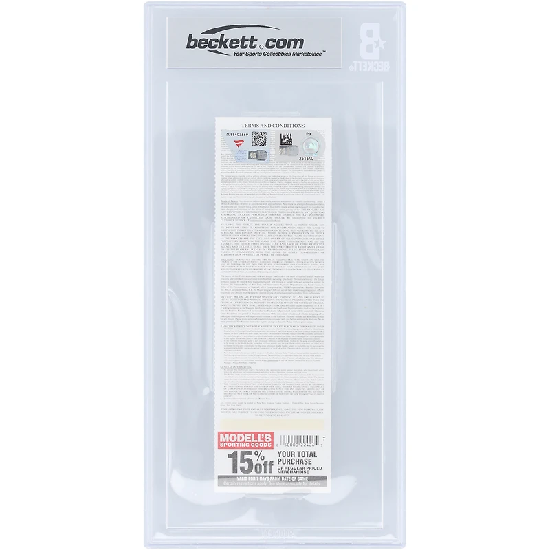 Billet autographié par Mariano Rivera des Yankees de New York pour son 1000e match en carrière. Authentifié par Beckett Fanatics Witnessed (9/10) le 25 mai 2011 avec l'inscription « 1000e match en carrière ».