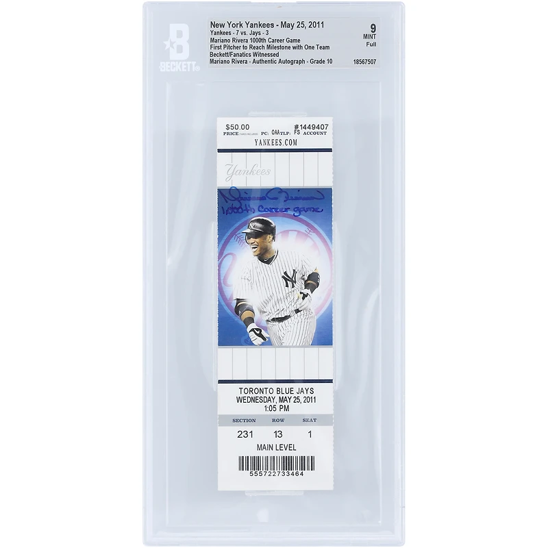 Mariano Rivera New York Yankees Autographed 1,000th Career Game Beckett Fanatics Witnessed Authenticated 9/10 Ticket from May 25, 2011 with "1,000th Career Game" Inscription