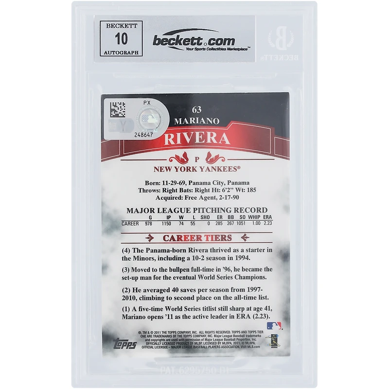 Mariano Rivera New York Yankees Autographed 2011 Topps Tier One #63 #/799 Beckett Fanatics Witnessed Authenticated 10 Card