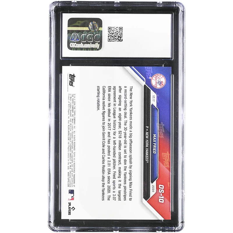 Max Fried New York Yankees 2024 Topps Now Largest Deal in MLB History for Southpaw Pitcher Blue #OS-10 #/49 CGC Authenticated 9.5 Card