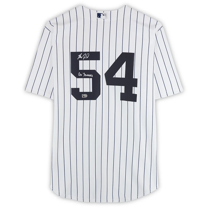 Maillot réplique blanc Nike autographié par Max Fried des Yankees de New York avec inscription « Go Yankees »