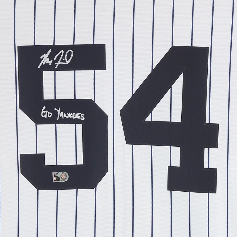 Maillot réplique blanc Nike autographié par Max Fried des Yankees de New York avec inscription « Go Yankees »